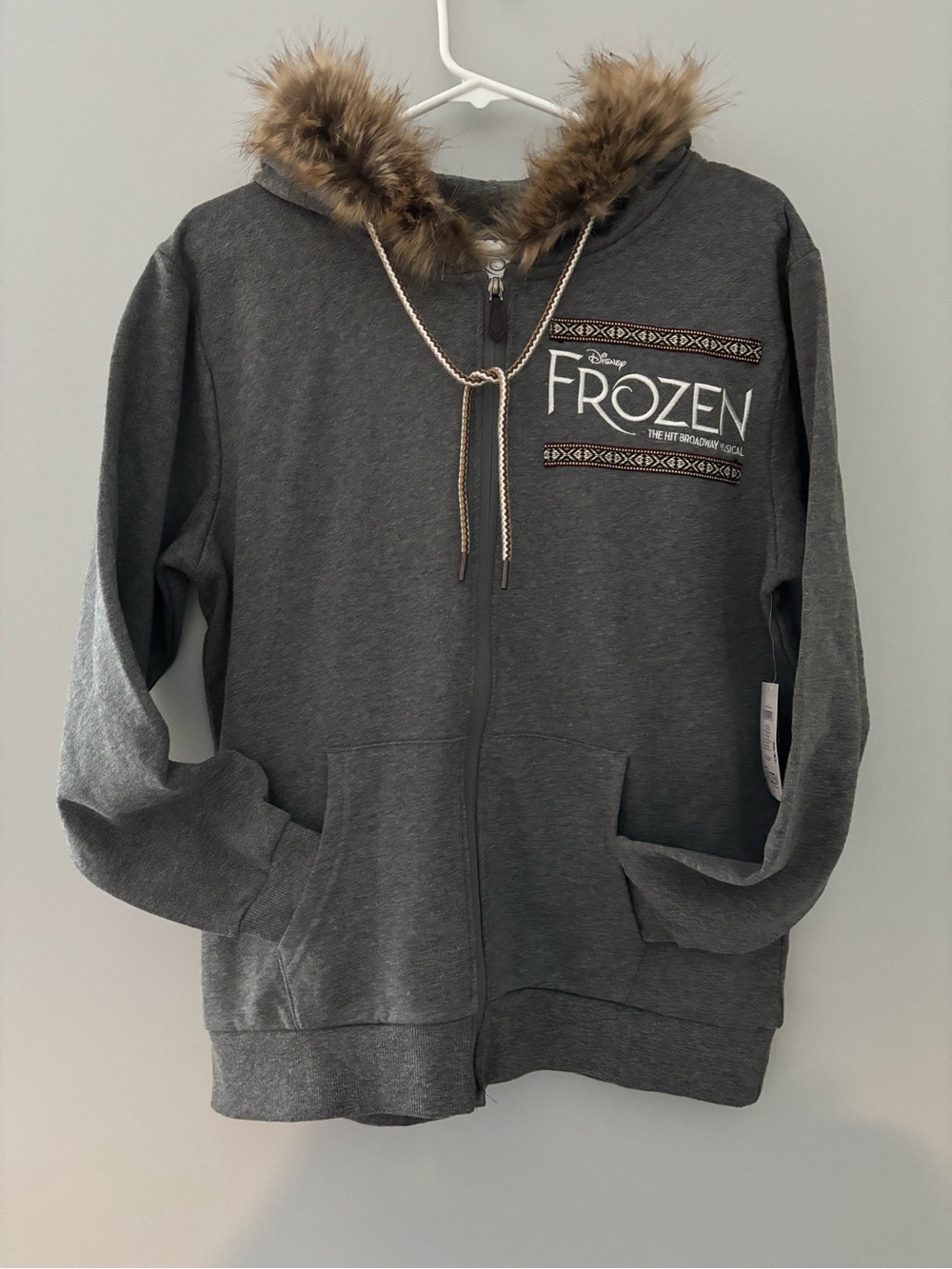 NWT Disney Frozen Official Broadway Women’s Zip Hoodie with Faux Fur Trim - Gray